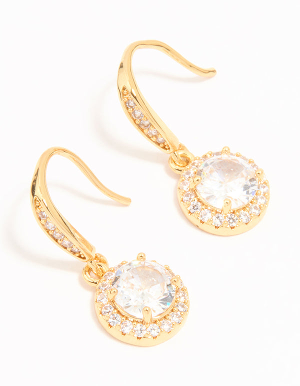 Gold Plated Cubic Zirconia Round Halo Drop Earrings