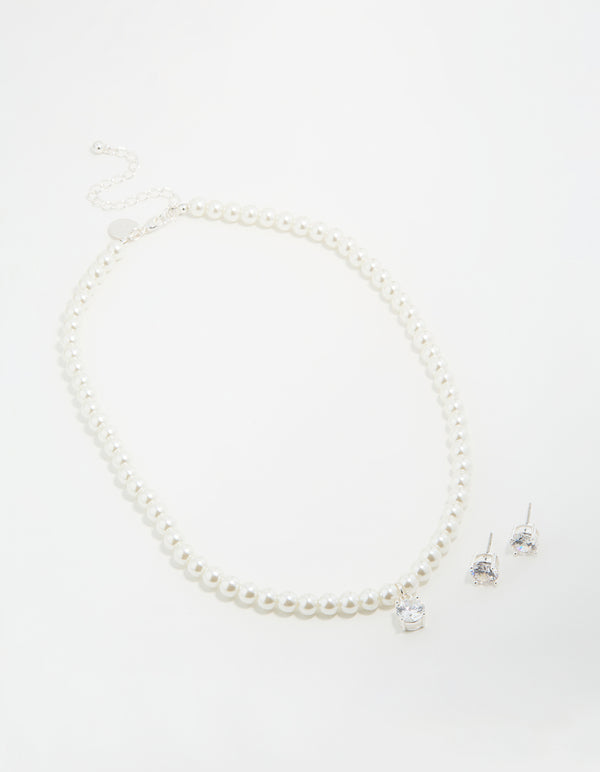 Silver Plated Pearl Cubic Zirconia Necklace & Earrings Set