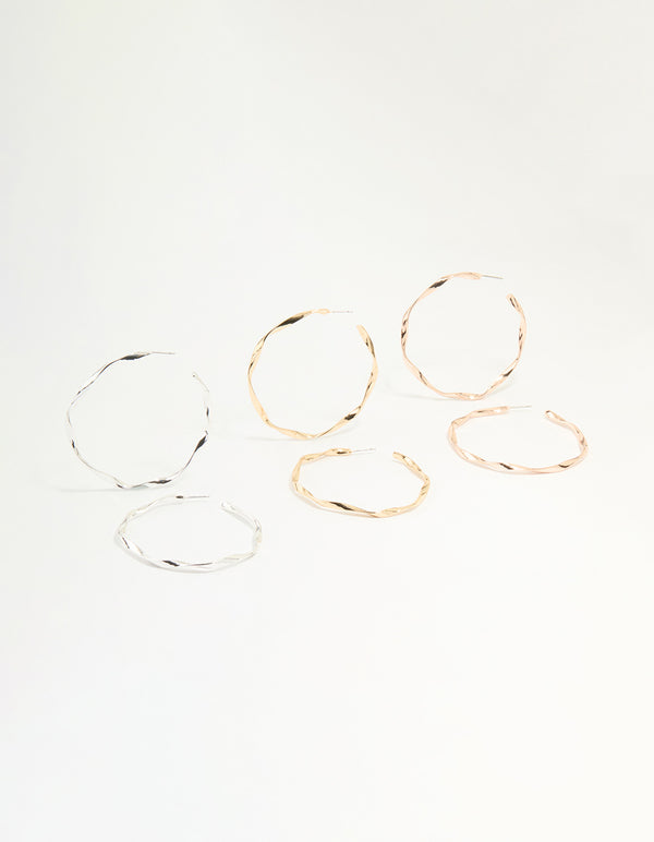 Mixed Metal Twisted Large Hoop Earrings 3-Pack