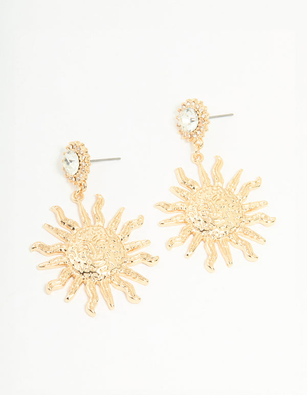 Gold Diamante Smiley Textured Sun Drop Earrings