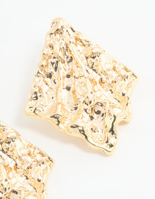 Gold Textured Diamond Shape Stud Earrings