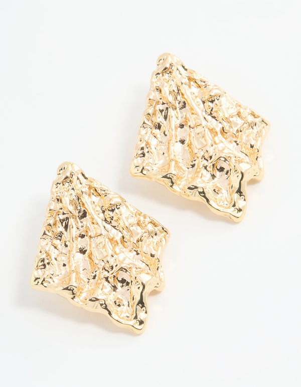 Gold Textured Diamond Shape Stud Earrings