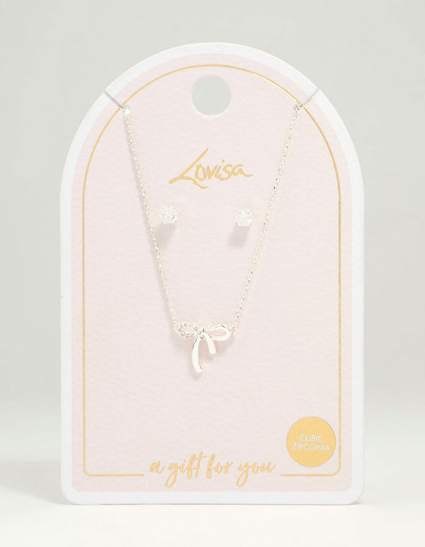 Silver Cubic Zirconia Bow Necklace & Earrings Set