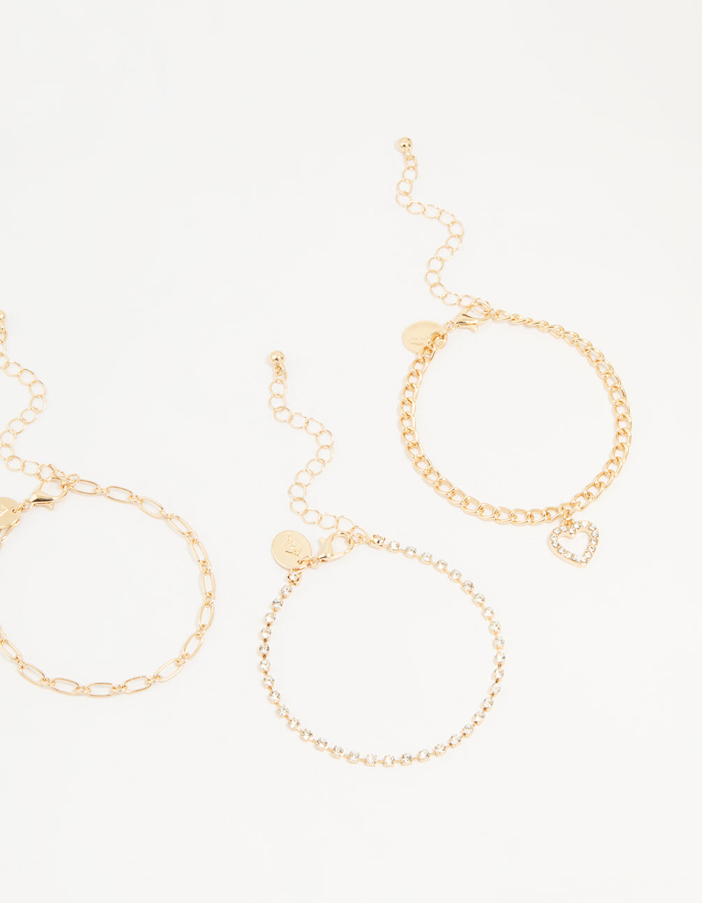 Gold Diamante Mixed Chain Heart Bracelets 3-Pack