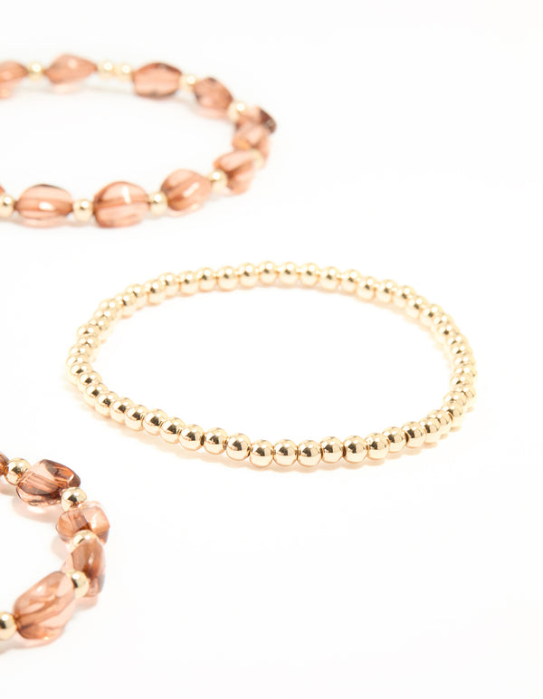 Gold Brown Beaded Stretch Bracelets 6-Pack