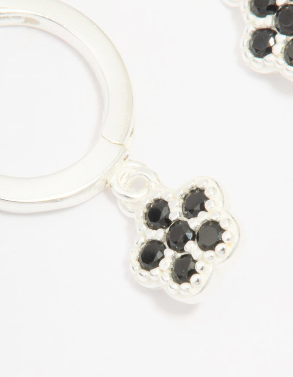 Sterling Silver Black Cubic Zirconia Flower Huggie Earrings