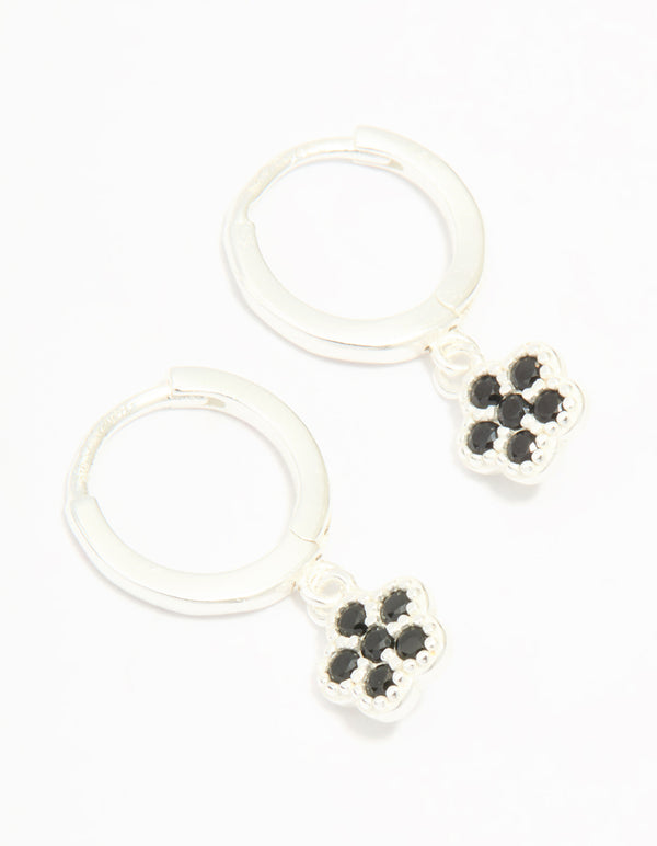 Sterling Silver Black Cubic Zirconia Flower Huggie Earrings