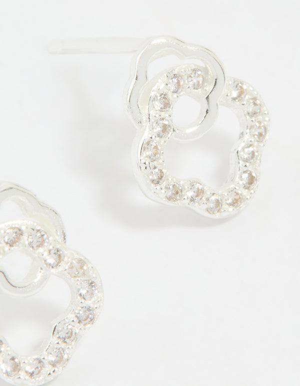Sterling Silver Cubic Zirconia Double Flower Stud Earrings