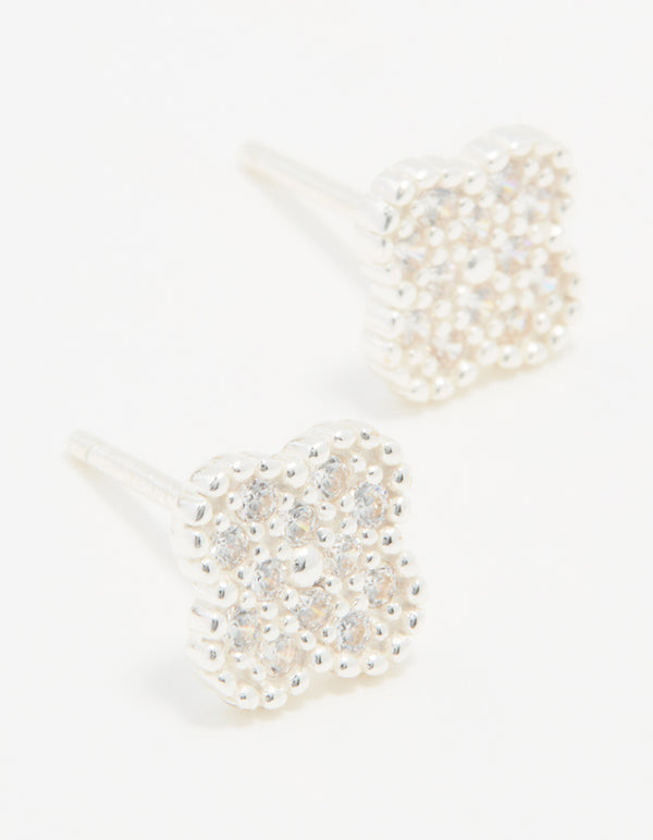 Sterling Silver Cubic Zirconia Pave Flower Stud Earrings