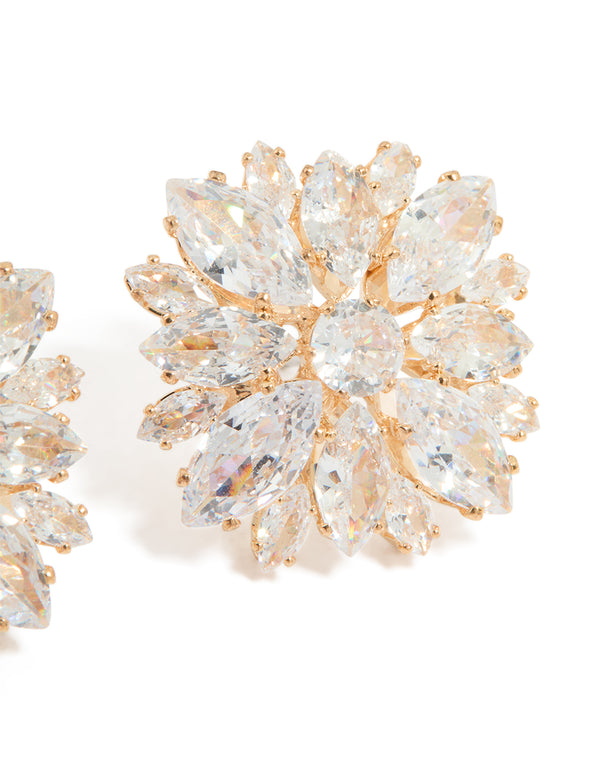Gold Cubic Zirconia Statement Flower Stud Earrings