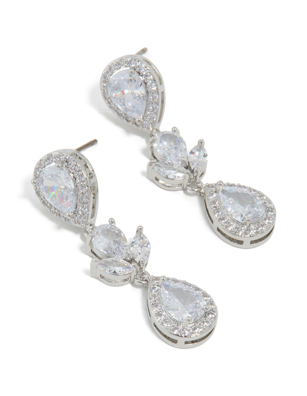 Silver Cubic Zirconia Double Halo Drop Earrings