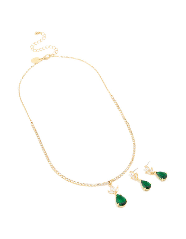 Gold Green Cubic Zirconia Pear Necklace & Earrings Set