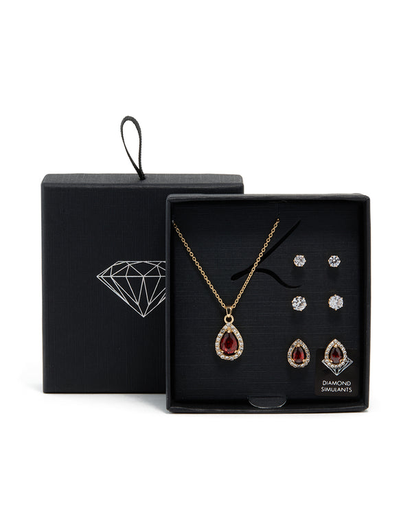 Gold Red Cubic Zirconia Halo Necklace & Earrings Set