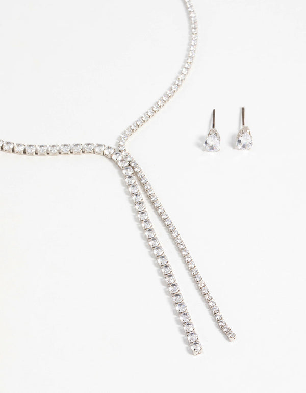 Silver Cubic Zirconia Chain Y-Necklace & Earrings Set