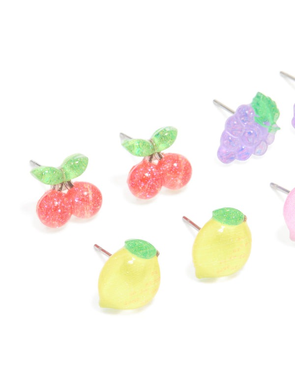 Kids Silver Juicy Fruit Stud Earrings 6-Pack