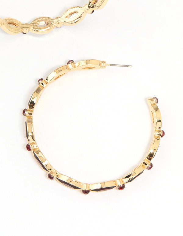 Gold Red Stone Marquise Hoop Earrings