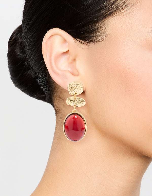 Gold Red Stone Molten Triangular Round Drop Earrings