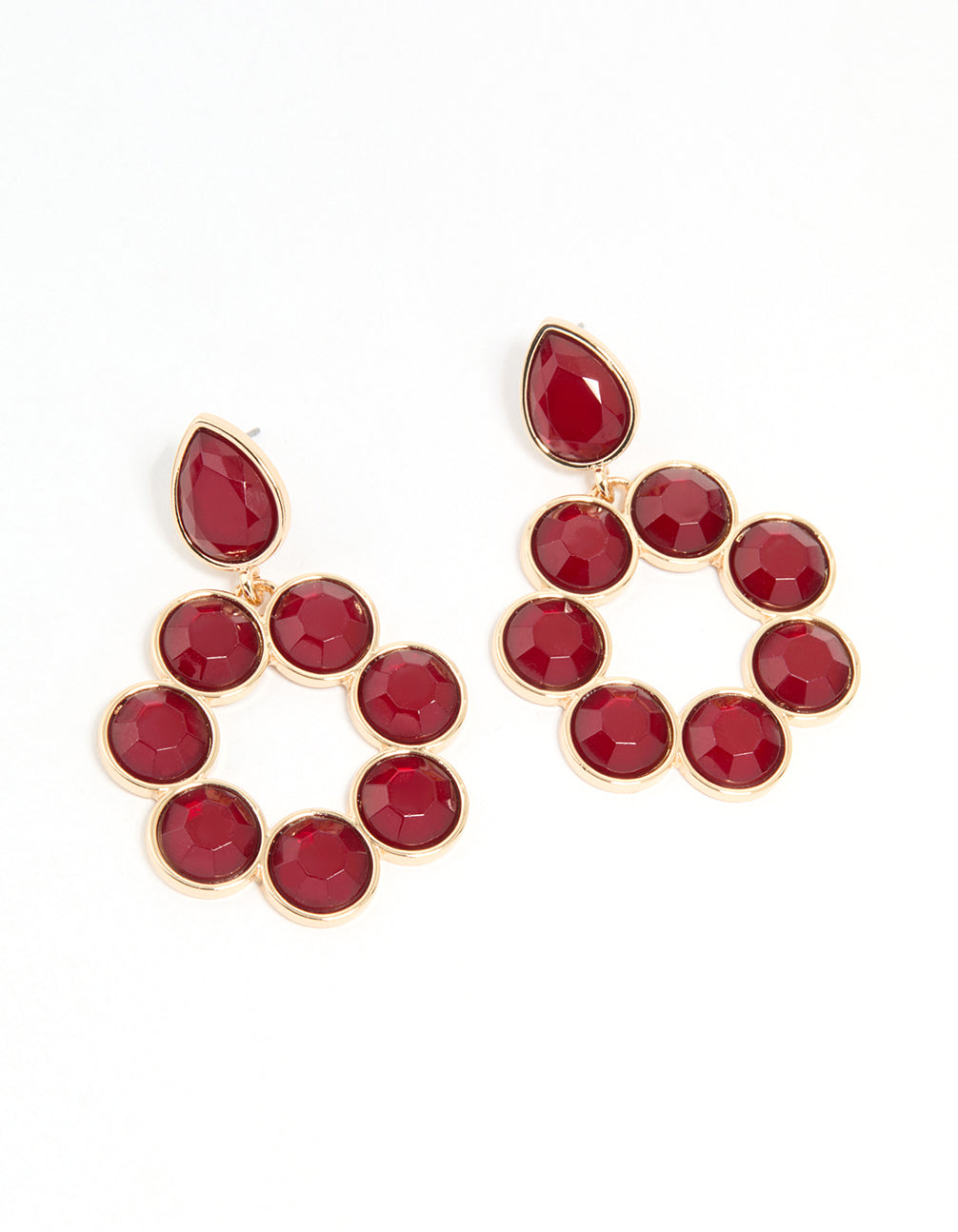 Gold Red Round Stone Drop Earrings
