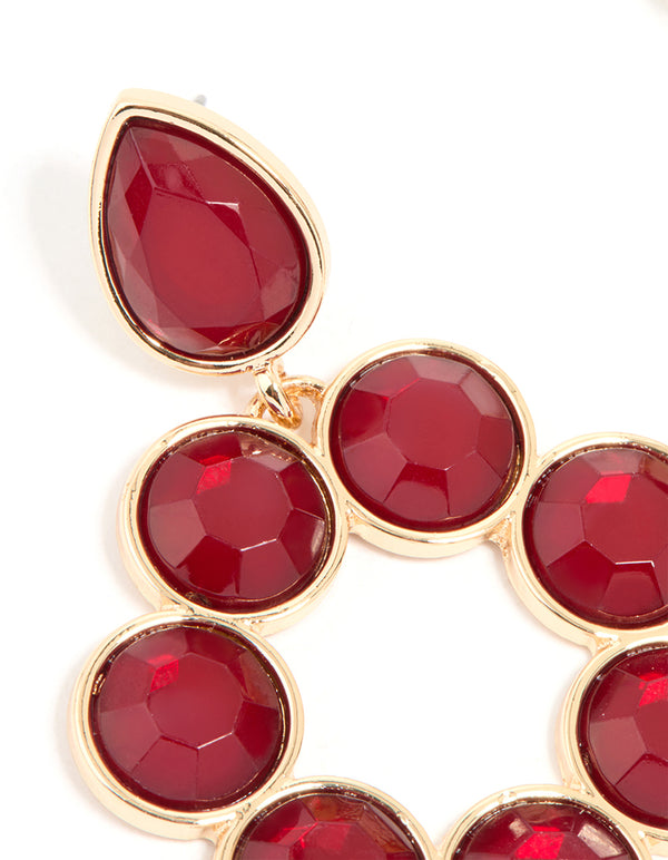 Gold Red Round Stone Drop Earrings