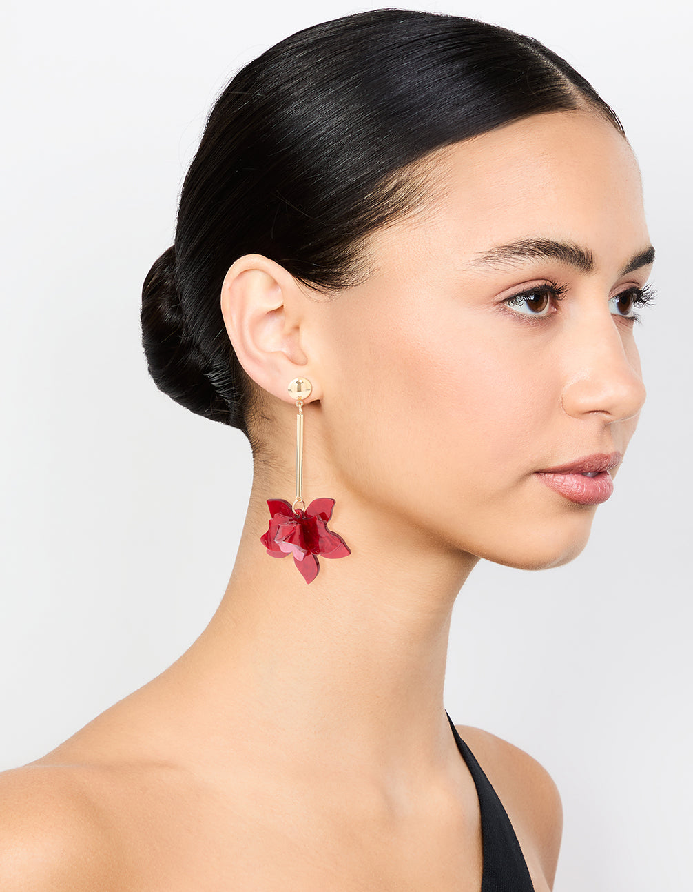 Gold Red Acrylic Orchid & Chain Drop Earrings