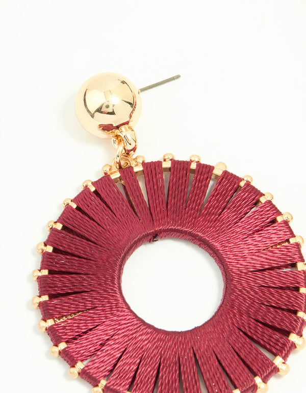 Gold Red Threaded Wheel Drop Earrings