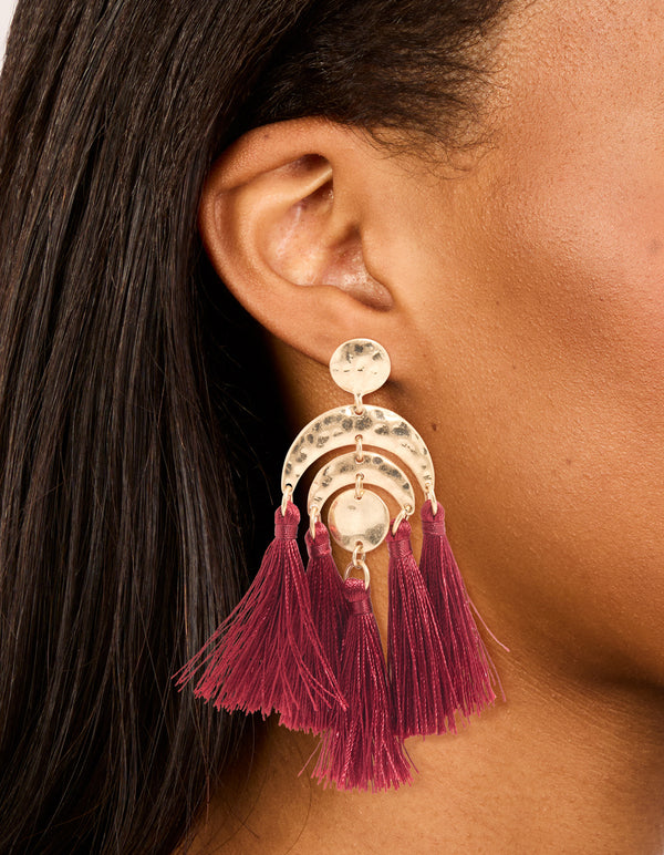 Gold Red Molten Rainbow Shaped Tassel Earrings