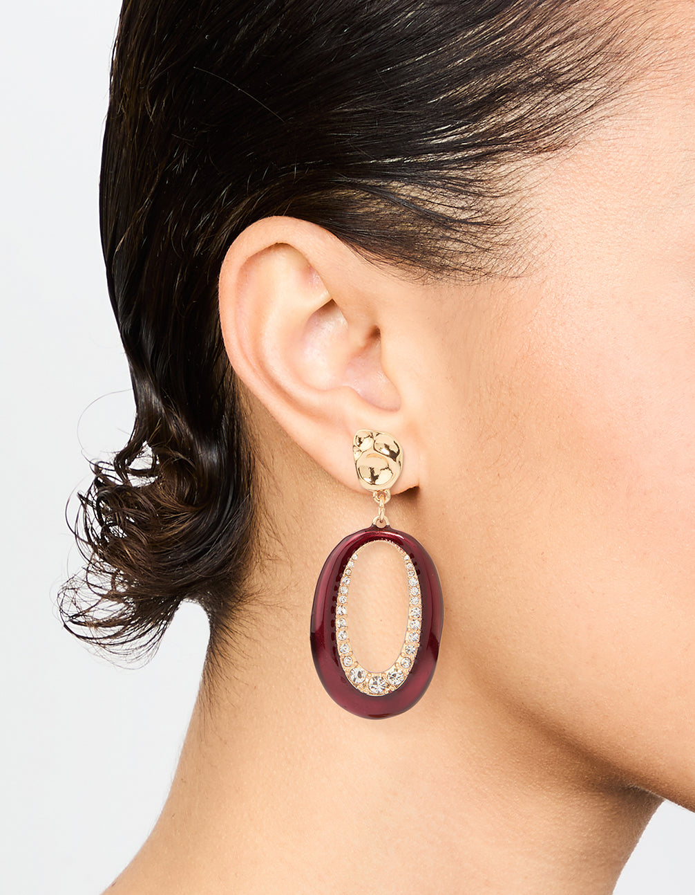 Gold Red Enamel & Diamante Open Drop Earrings