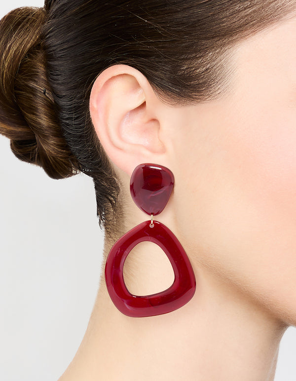 Red Acrylic Organic Open Square Oval Drop Earrings