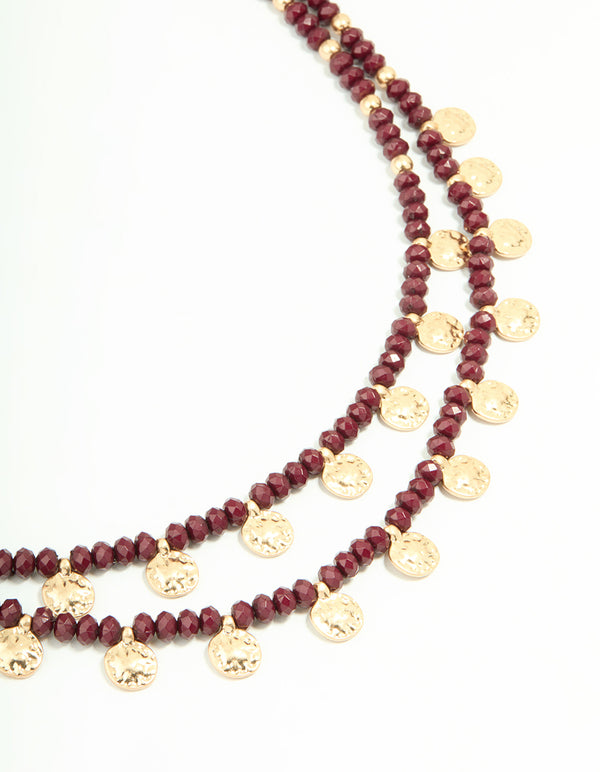 Gold Red Beaded Mini Coin Layered Necklace