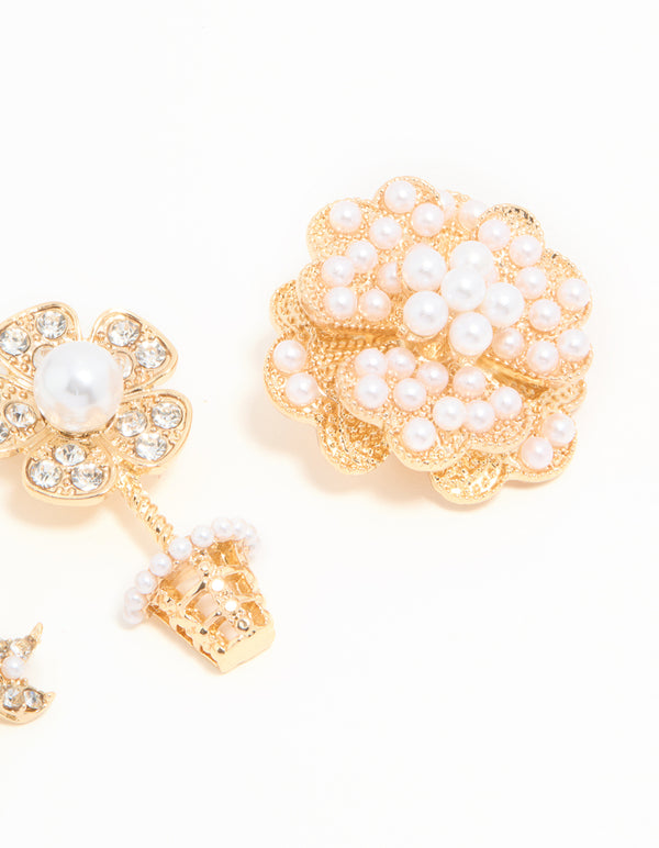 Gold Pearl Bow & Flower Brooches 3-Pack