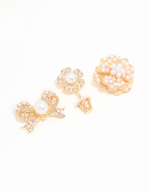 Gold Pearl Bow & Flower Brooches 3-Pack