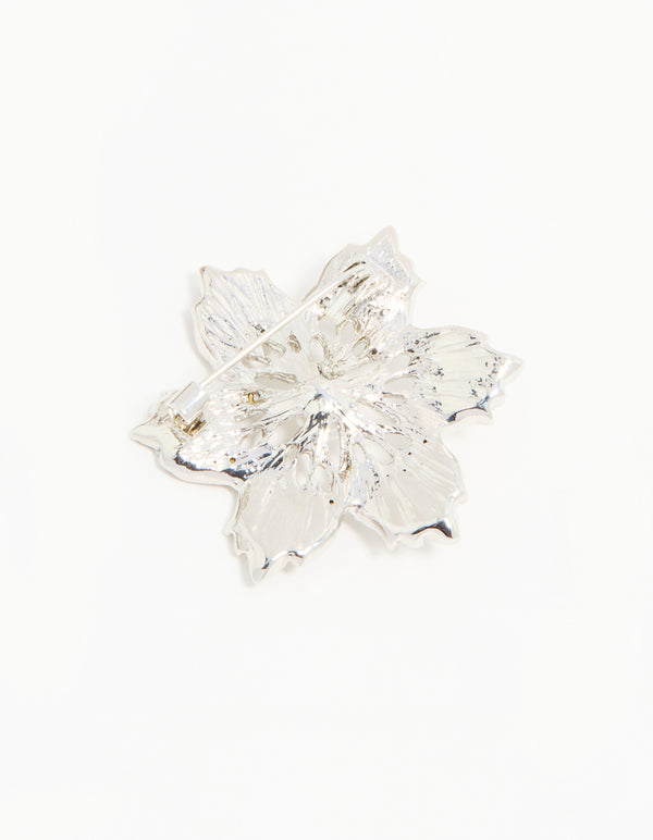 Silver Diamante Pearl Floral Brooch