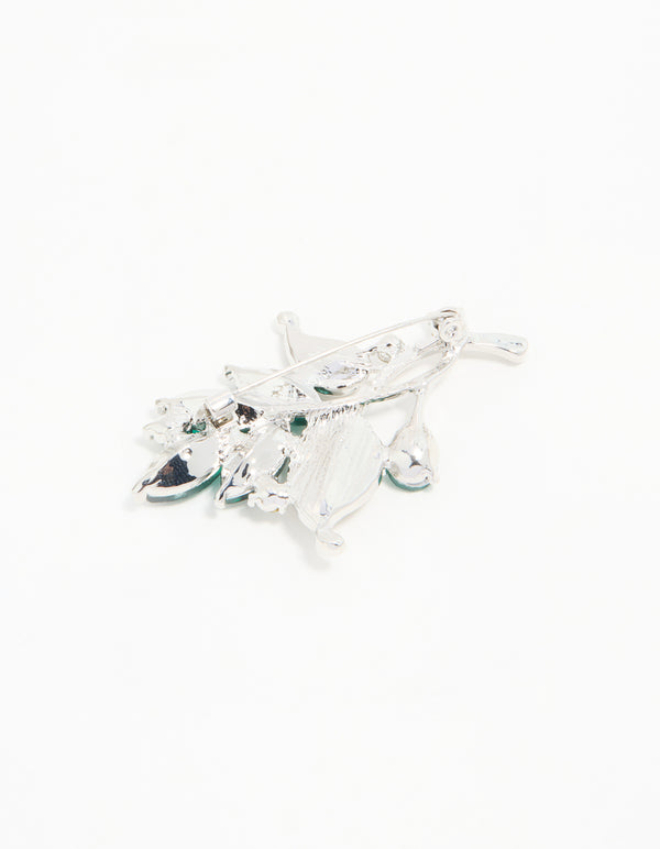 Silver Green Diamante Leaf Brooch