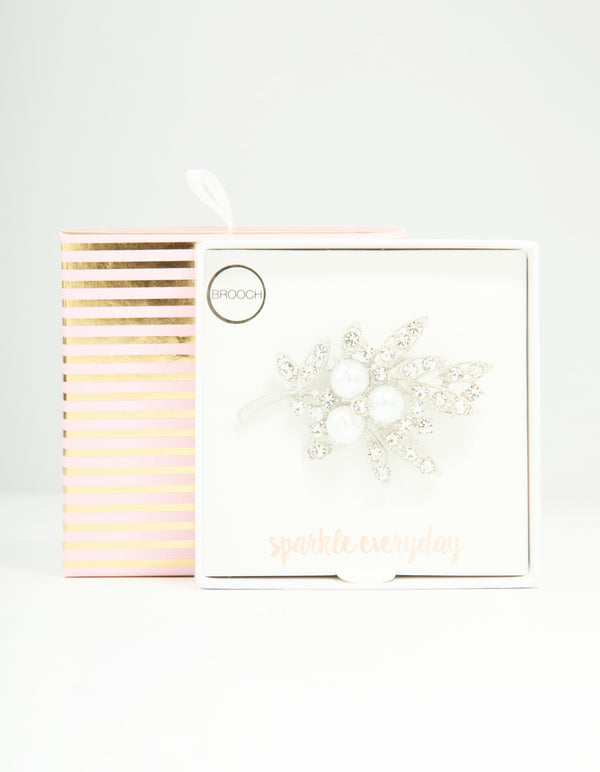 Silver Pearl Diamante Leaf Brooch