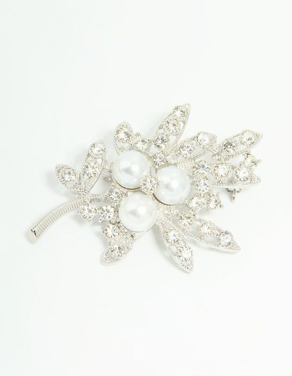 Silver Pearl Diamante Leaf Brooch
