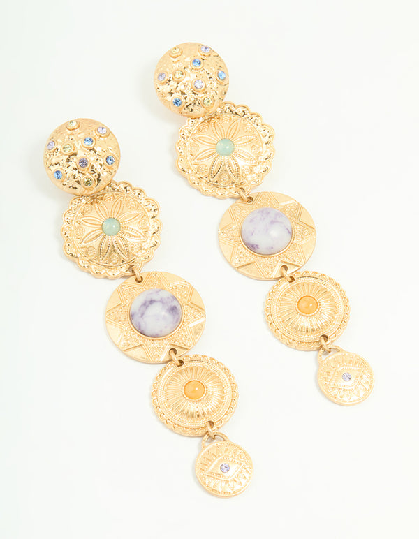 Worn Gold Large Disc Drop Earrings