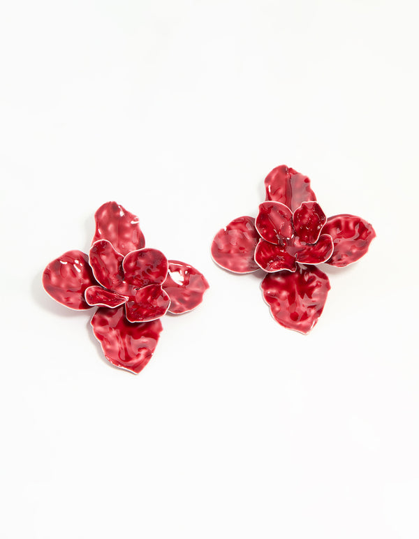 Gold Red Floral Large Stud Earrings