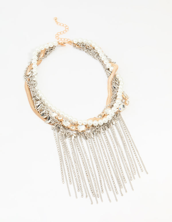 Mixed Metal Pearl Chain Fringe Necklace