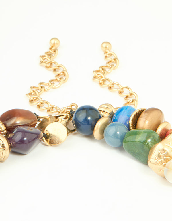 Worn Gold Multicoloured Beaded Layered Long Necklace
