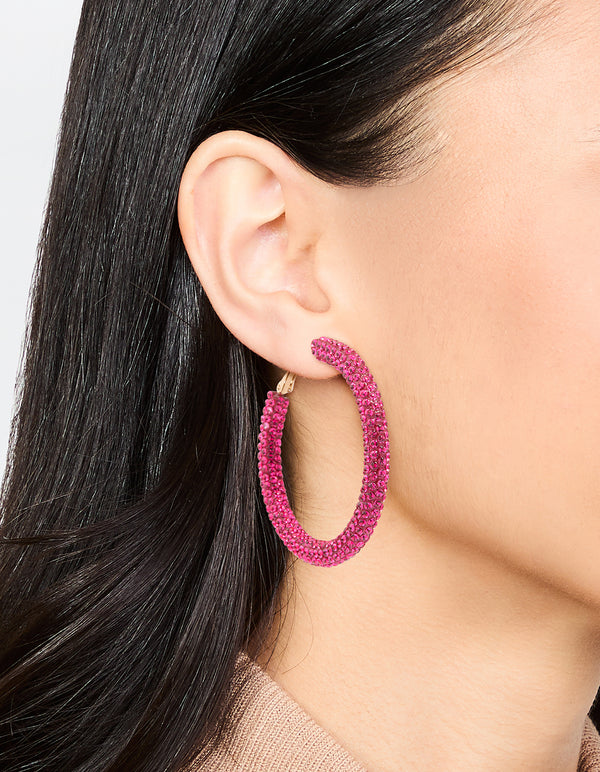 Gold Pink Diamante Hoop Earrings
