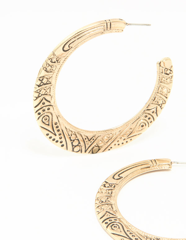 Antique Gold Patterned Hoop Earrings