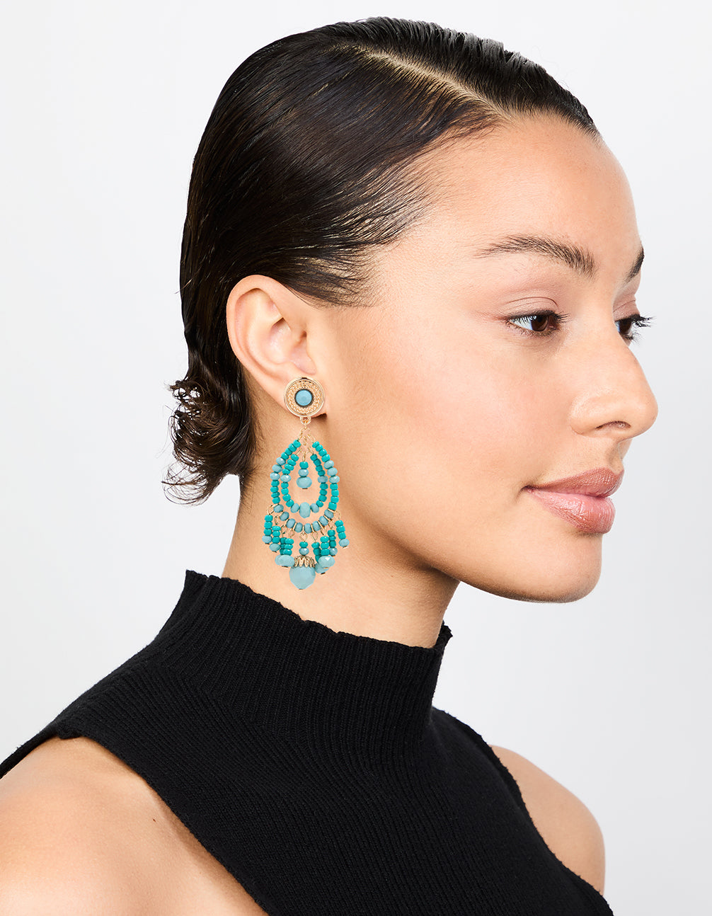 Gold Blue Beaded Teardrop Drop Earrings