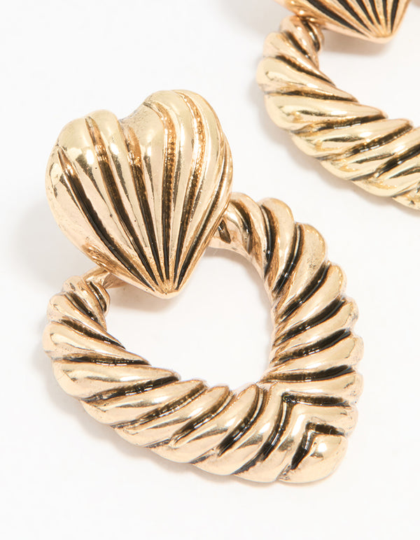 Antique Gold Ribbed Heart Doorknocker Earrings