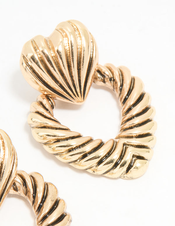 Antique Gold Ribbed Heart Doorknocker Earrings