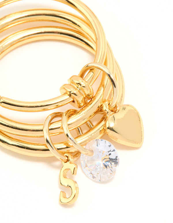 Gold Plated Cubic Zirconia Letter S Rondell Charm Ring