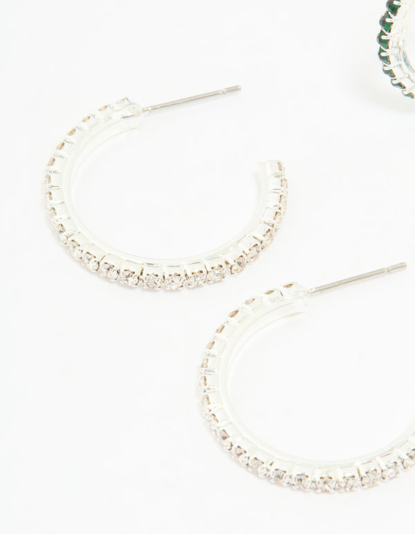 Silver Emerald Diamante Pavé Hoop Earrings 3-Pack