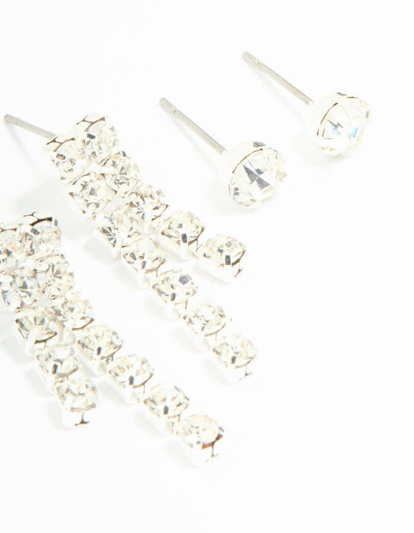 Silver Diamante Stud & Cupchain Earrings 3-Pack