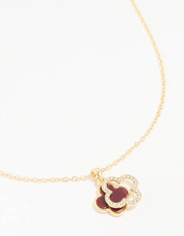 Gold Plated Diamante & Burgundy Flower Pendant Necklace
