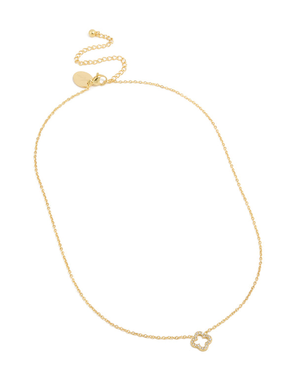 Presenting a waterproof diamante flower outline necklace, crafted from gold plated stainless steel and featuring a pendant, in close up view
