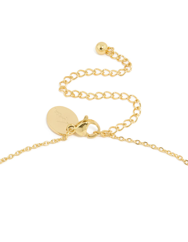 Highlighting a waterproof diamante flower outline necklace, crafted from gold plated stainless steel and featuring a pendant, in clasp detail view